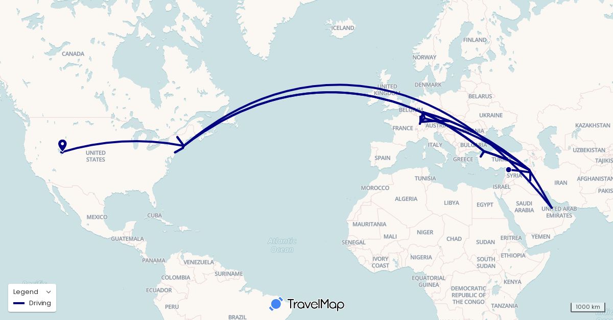 TravelMap itinerary: driving in Austria, Switzerland, Germany, Iraq, Qatar, Slovakia, Syria, Turkey, United States (Asia, Europe, North America)